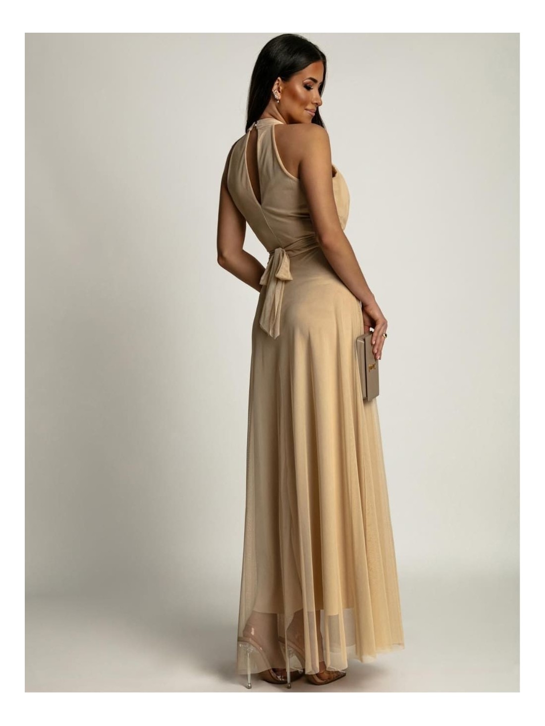 Elegant dress with tulle bottom, beige AZR156